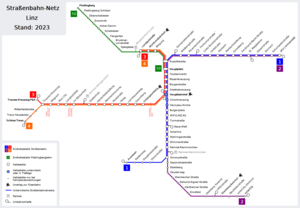 Ein Netzplan der Straßenbahnlinien in Linz