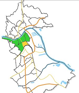 Das Neustadtviertel (gelb) im Stadtteil Innenstadt (grün)