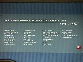 Tafel der Festredner*innen im Brucknerhaus