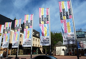 Flaggen des Kulturquartiers, dahinter der Ursulinenhof (links) und das Offenen Kulturhaus (rechts)
