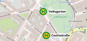 Plan zur Unterscheidung der Haltestelle Volksgartenstraße und Coulinstraße