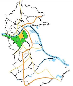 Das Rathausviertel (gelb) im Stadtteil Innenstadt (grün)