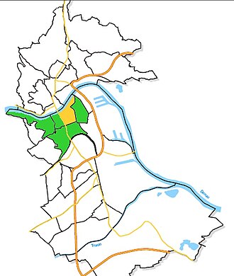 Das Rathausviertel (gelb) im Stadtteil Innenstadt (grün)