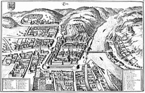 Schloss Egeregg auf einer Ansicht der Stadt Linz nach einem Stich von Matthaeus Merian (1656)
