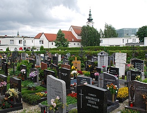 Der Friedhof Urfahr, im Hintergrund die Stadtpfarrkirche Urfahr.