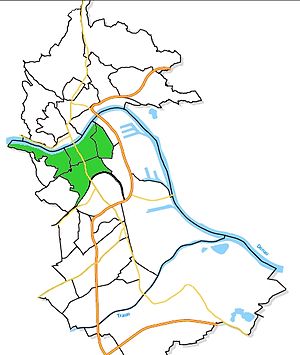 Die früheren statistischen Bezirke von Linz (bis 2013). Die 6 Bezirke des Stadtteiles Innenstadt sind grün hervorgehoben
