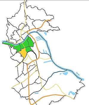Das Volksgartenviertel (gelb) im Stadtteil Innenstadt (grün)