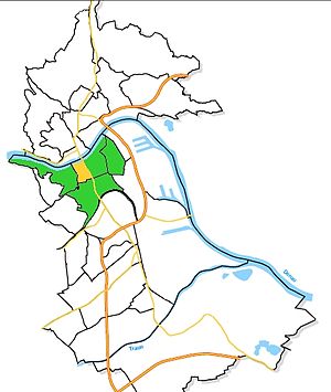 Das Altstadtviertel (gelb) im Stadtteil Innenstadt (grün)